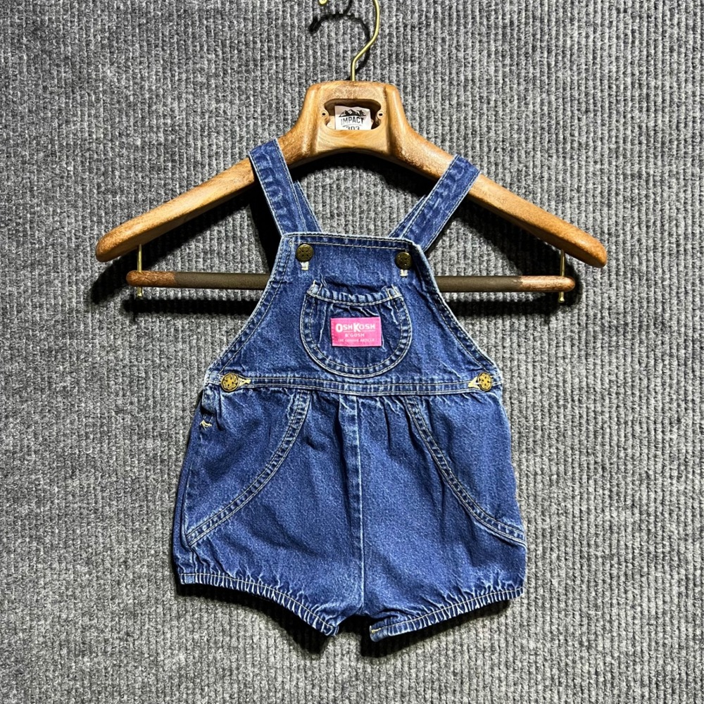 Vintage OshKosh BGosh Denim Bubble Overalls Kids 24M Blue Shortalls Romper 90s